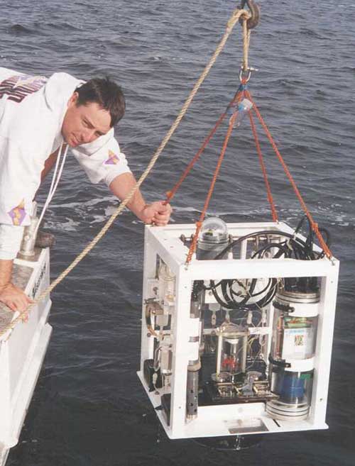 Photo of a benthic chamber being deployed